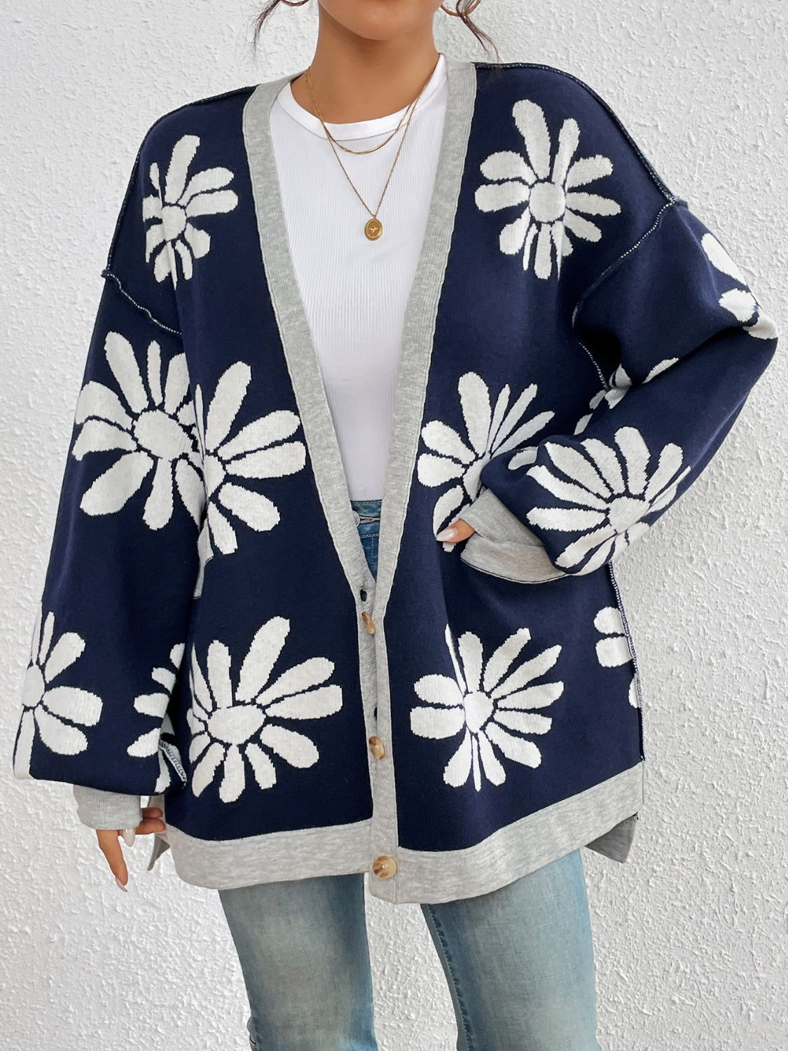 Contrast Floral Long Sleeve Cardigan