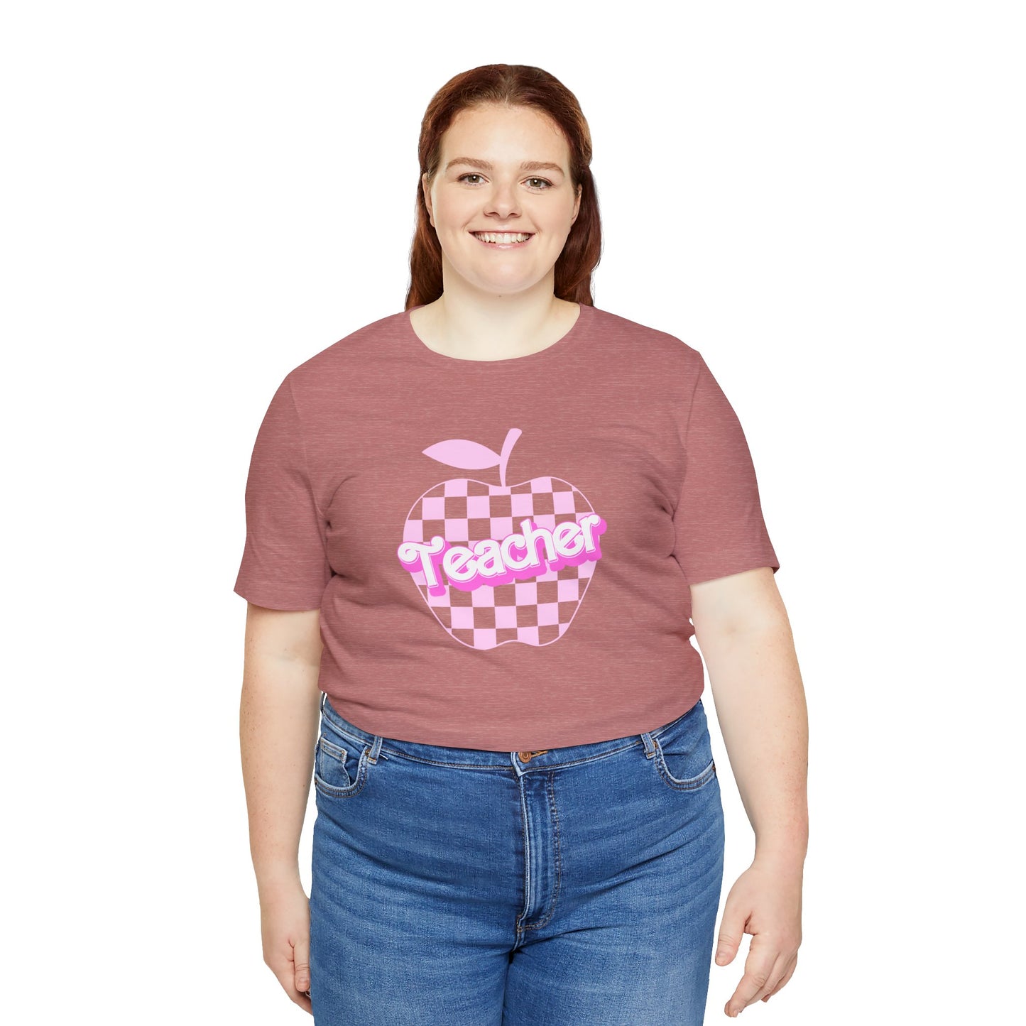 Checkered Apple Teacher Doll Font Tee