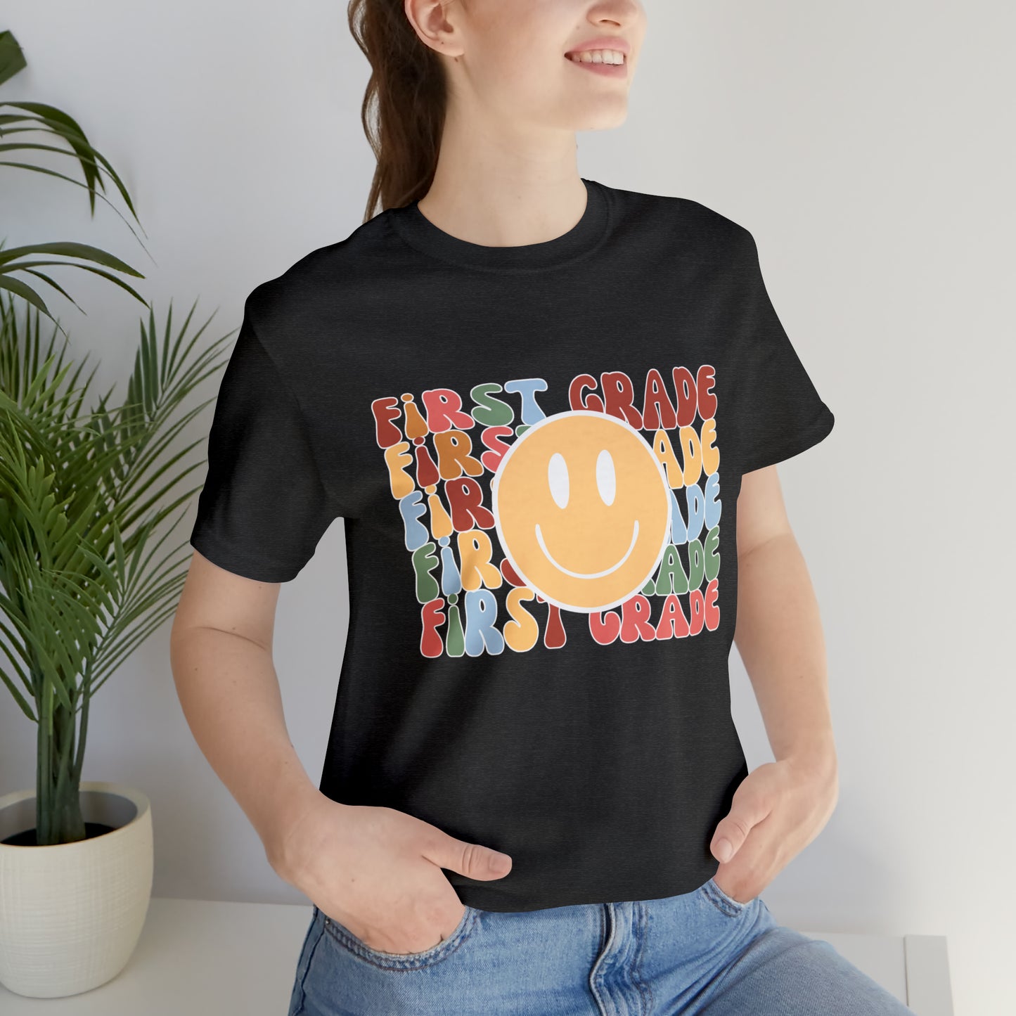 First Grade Smiley Retro Print Unisex Jersey Short Sleeve Tee