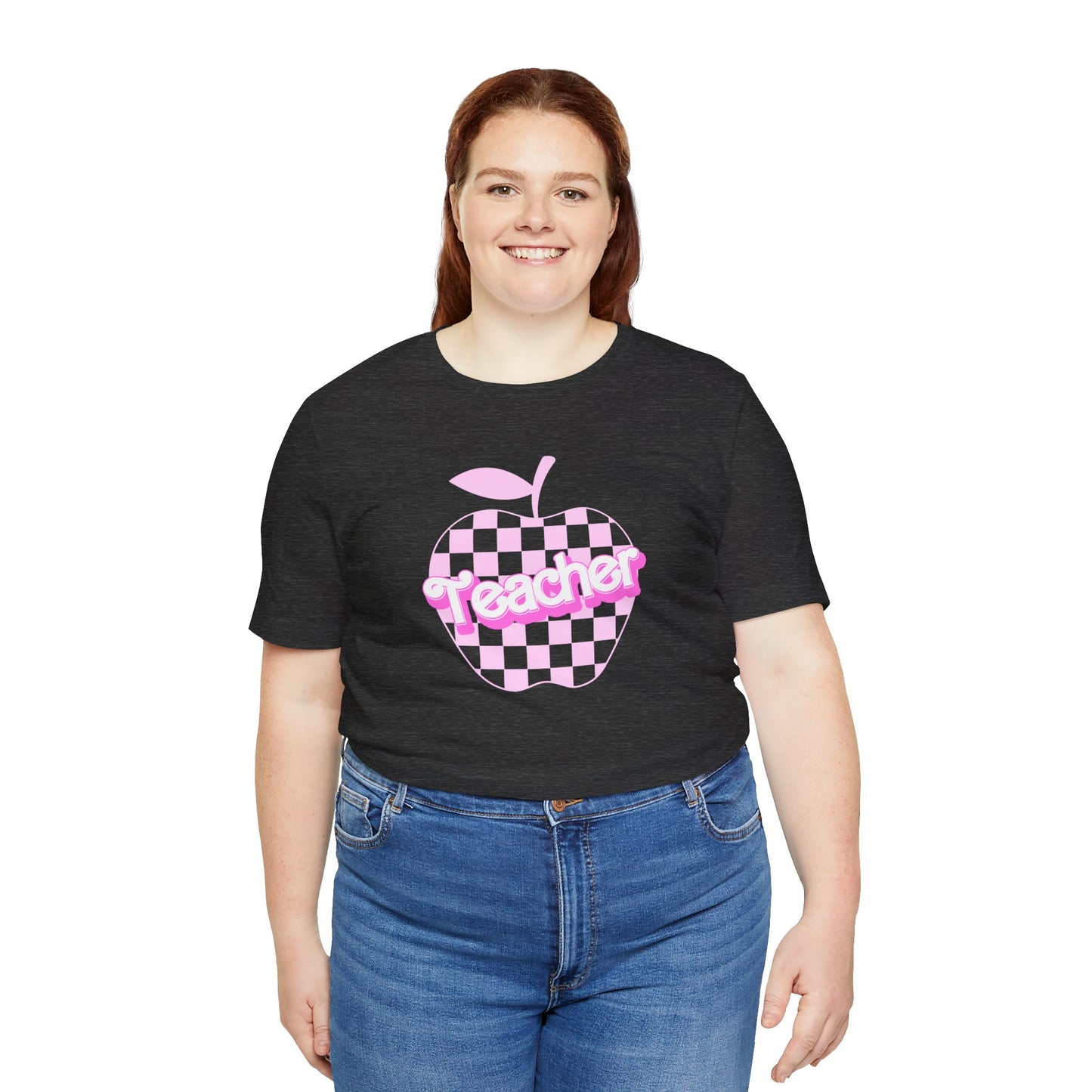 Checkered Apple Teacher Doll Font Tee