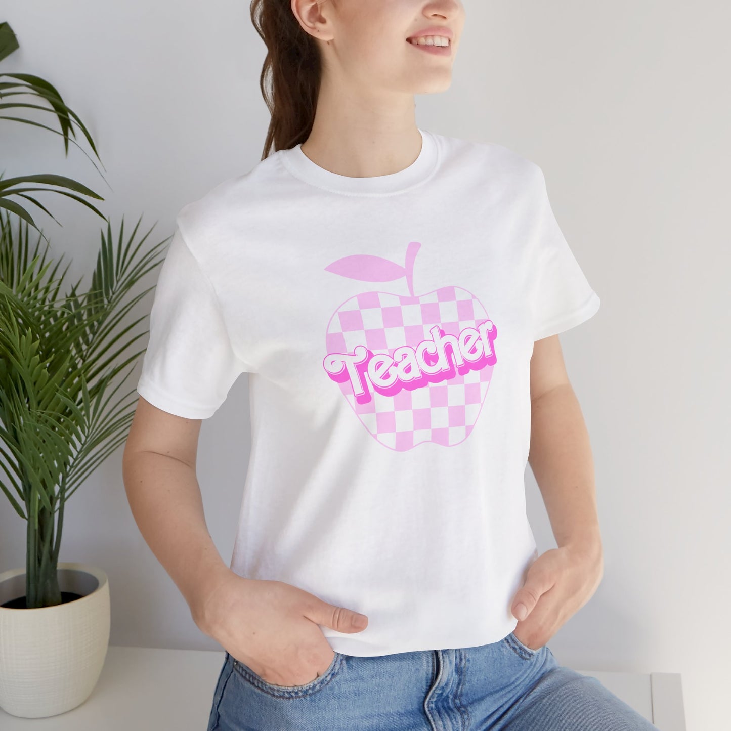 Checkered Apple Teacher Doll Font Tee