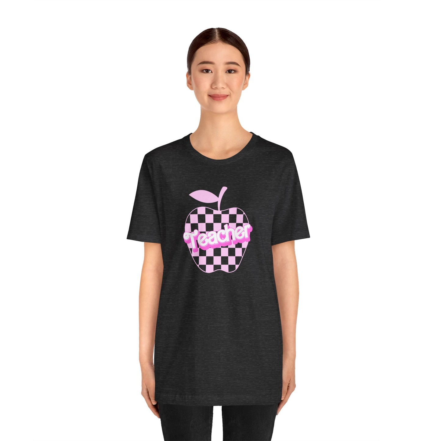 Checkered Apple Teacher Doll Font Tee