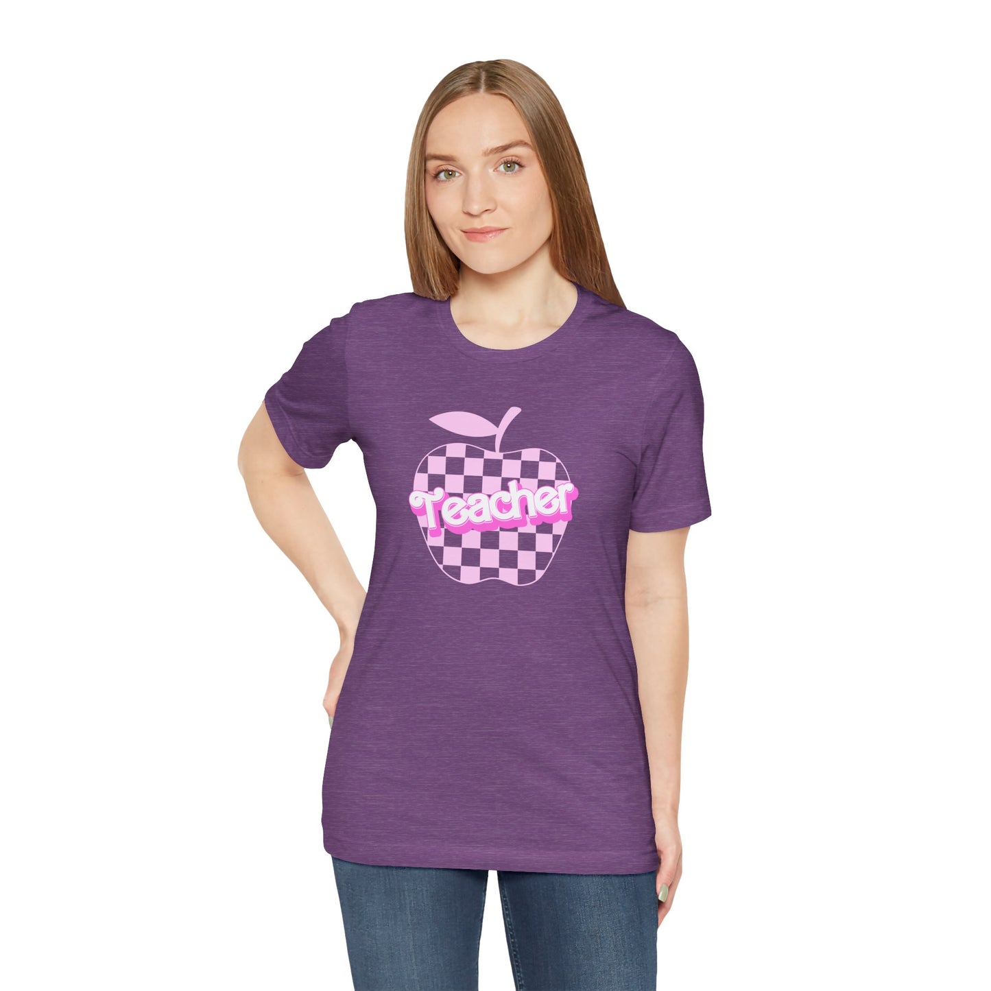 Checkered Apple Teacher Doll Font Tee