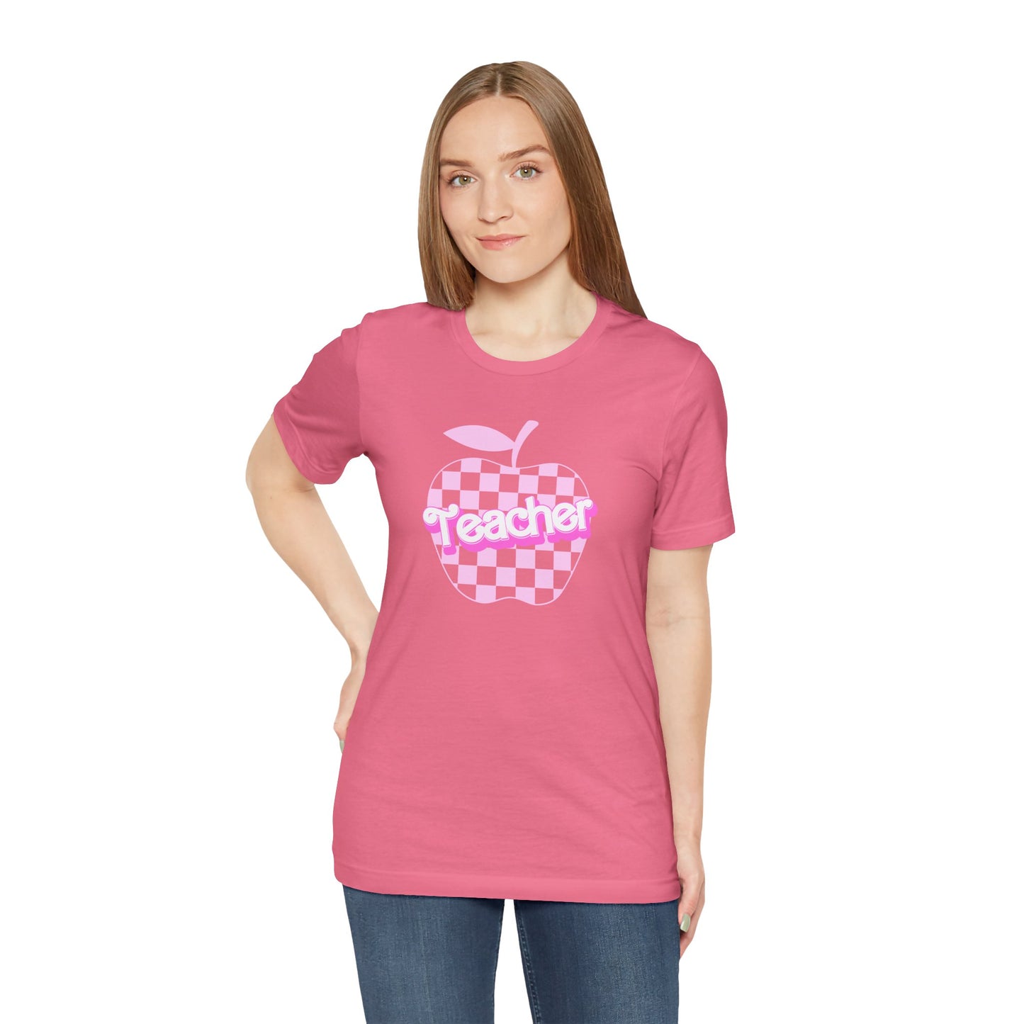 Checkered Apple Teacher Doll Font Tee