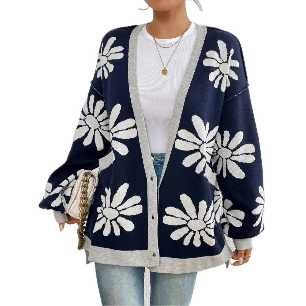 Contrast Floral Long Sleeve Cardigan