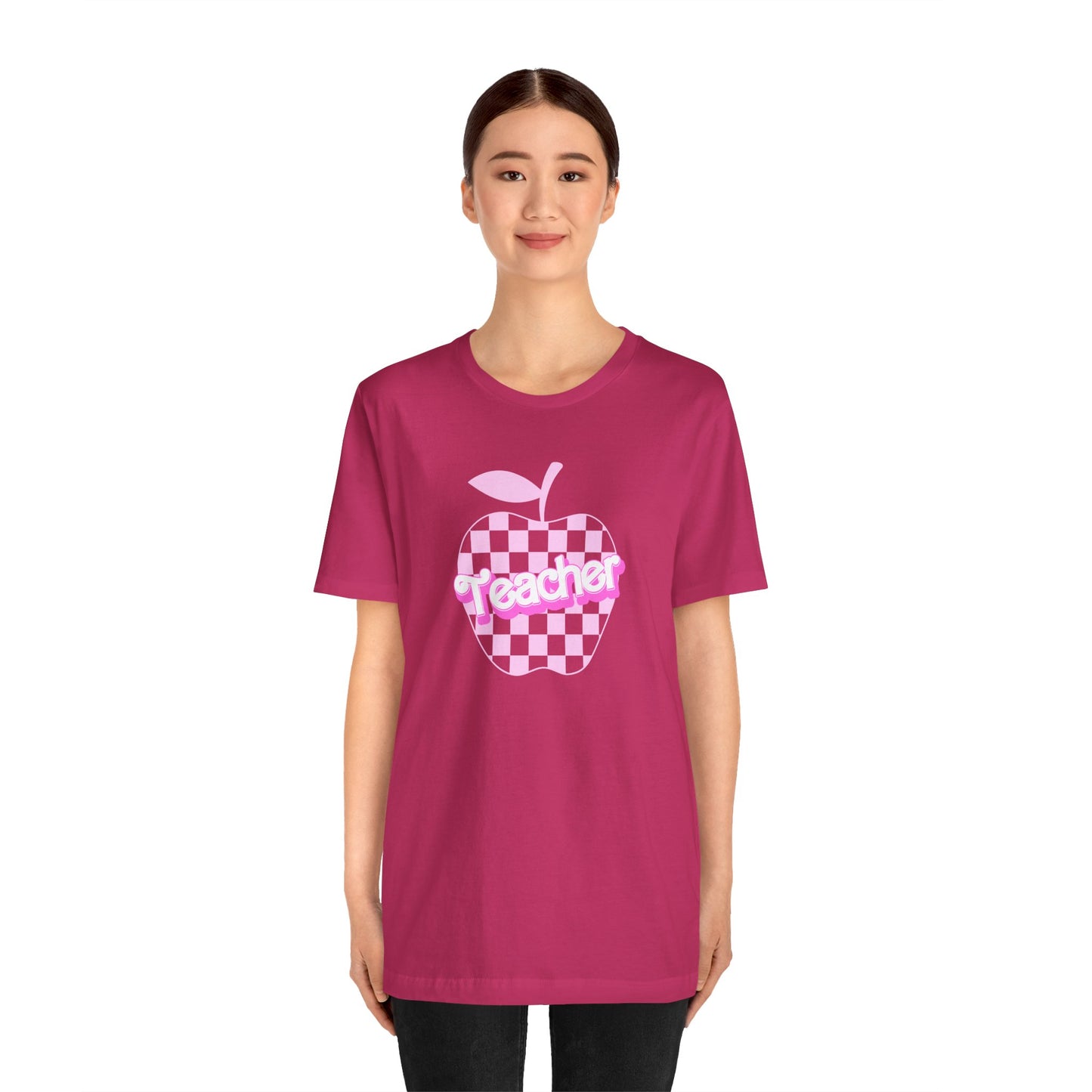 Checkered Apple Teacher Doll Font Tee