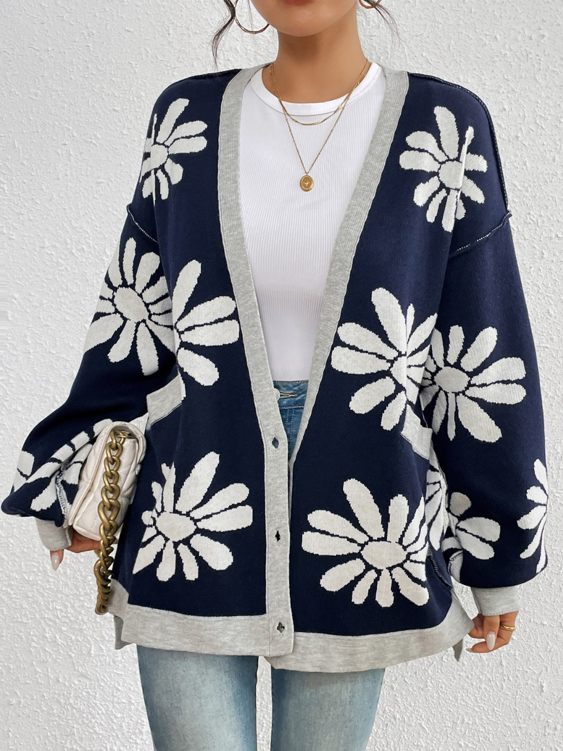 Contrast Floral Long Sleeve Cardigan