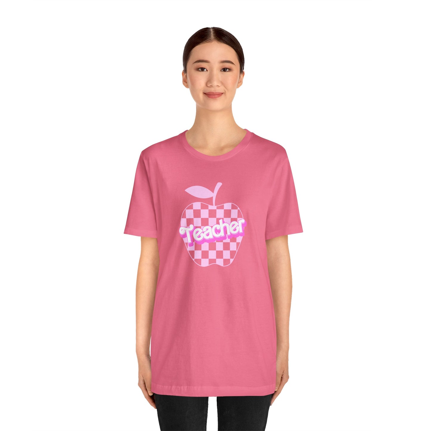 Checkered Apple Teacher Doll Font Tee