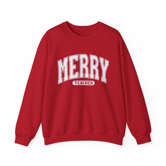 Merry Teacher White Text Unisex Heavy Blend Crewneck Sweatshirt