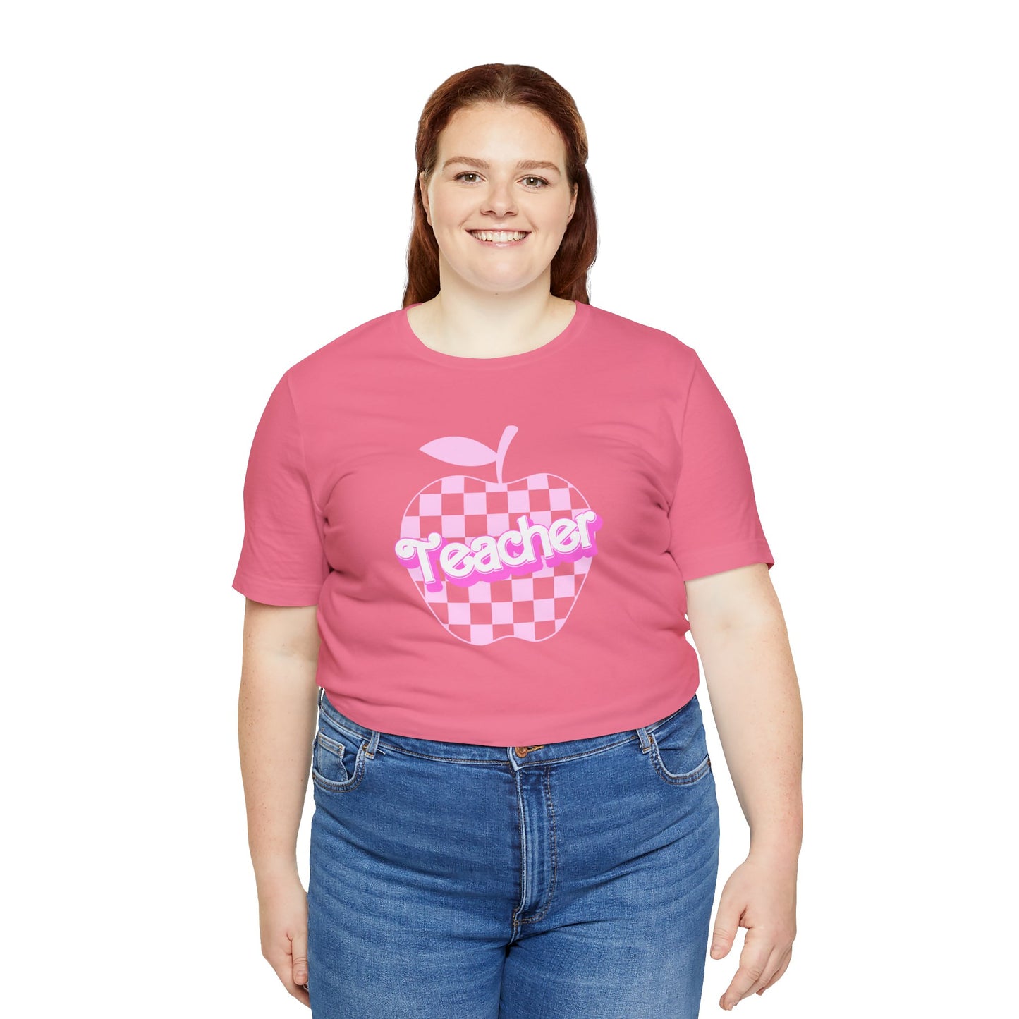 Checkered Apple Teacher Doll Font Tee