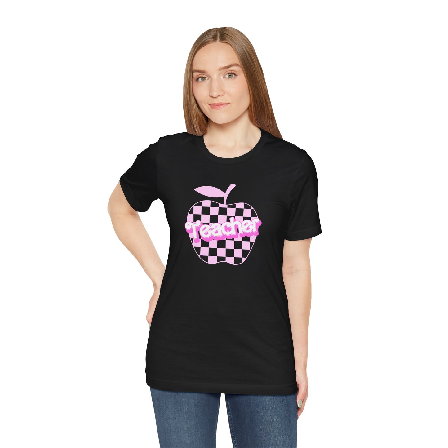 Checkered Apple Teacher Doll Font Tee