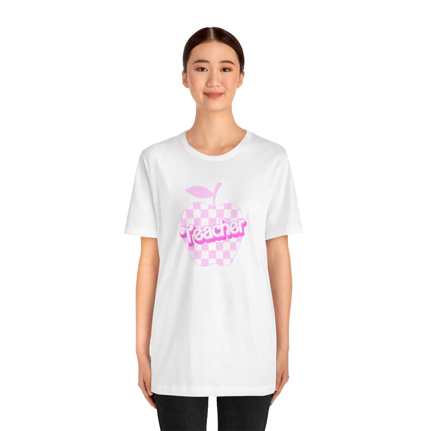 Checkered Apple Teacher Doll Font Tee