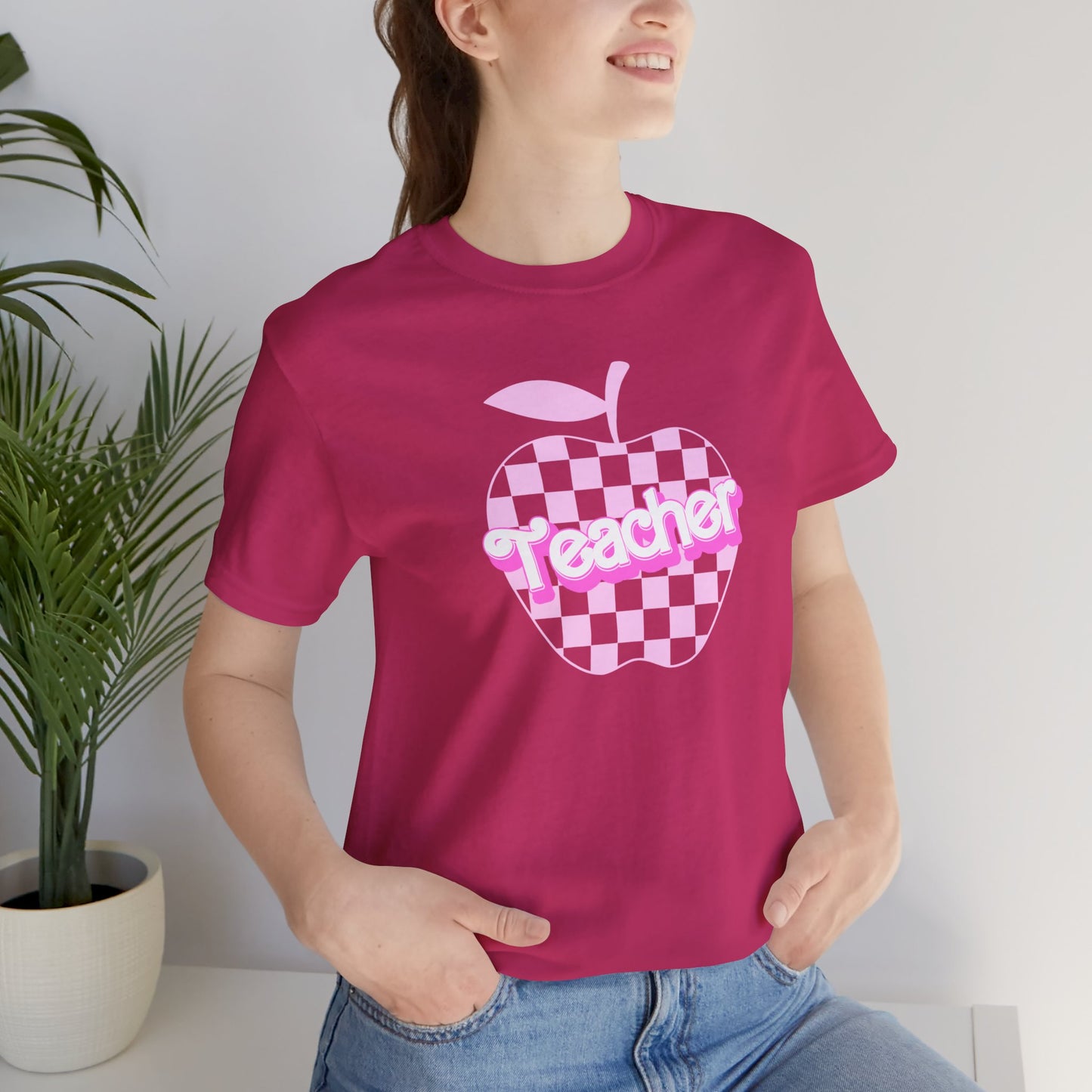 Checkered Apple Teacher Doll Font Tee