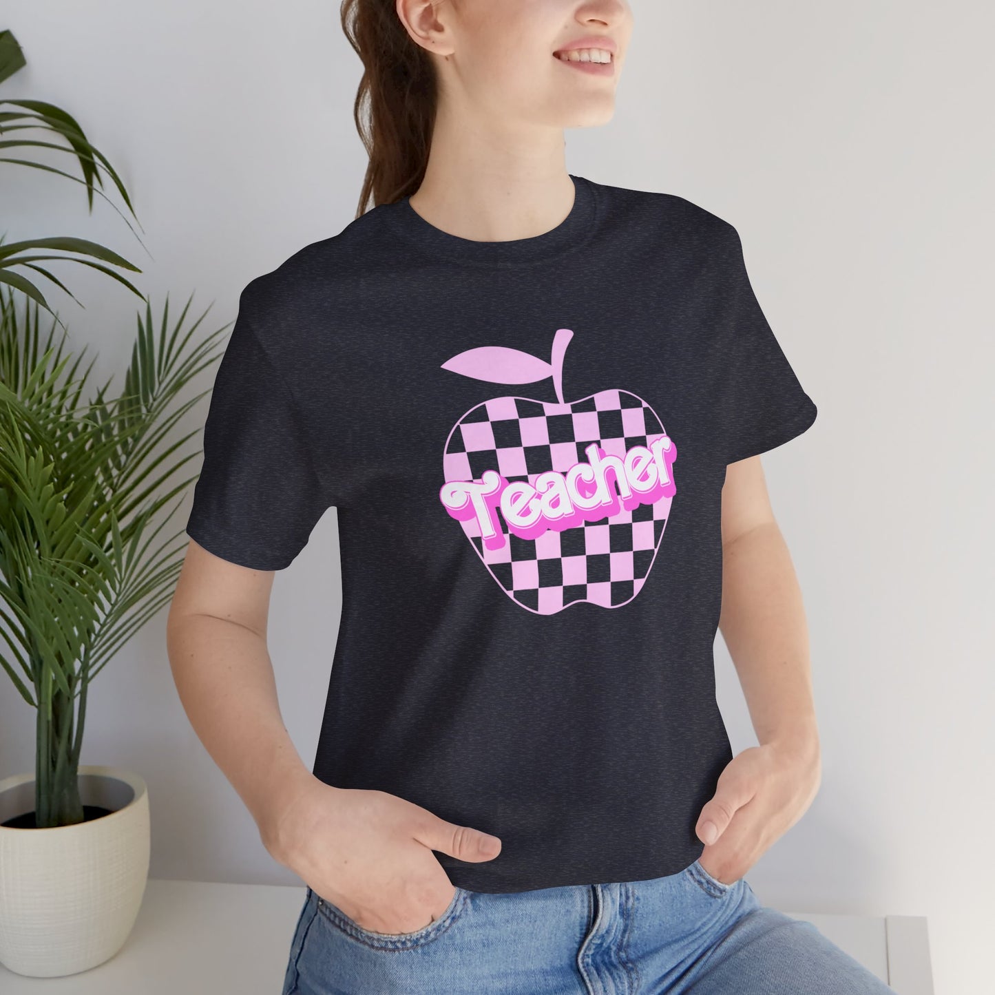 Checkered Apple Teacher Doll Font Tee