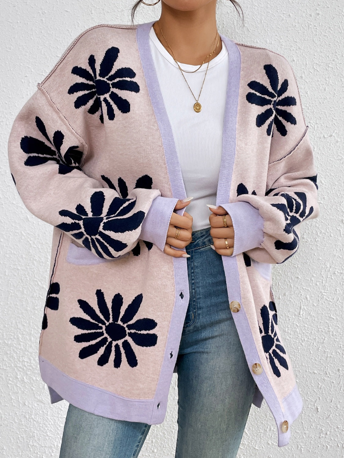 Contrast Floral Long Sleeve Cardigan