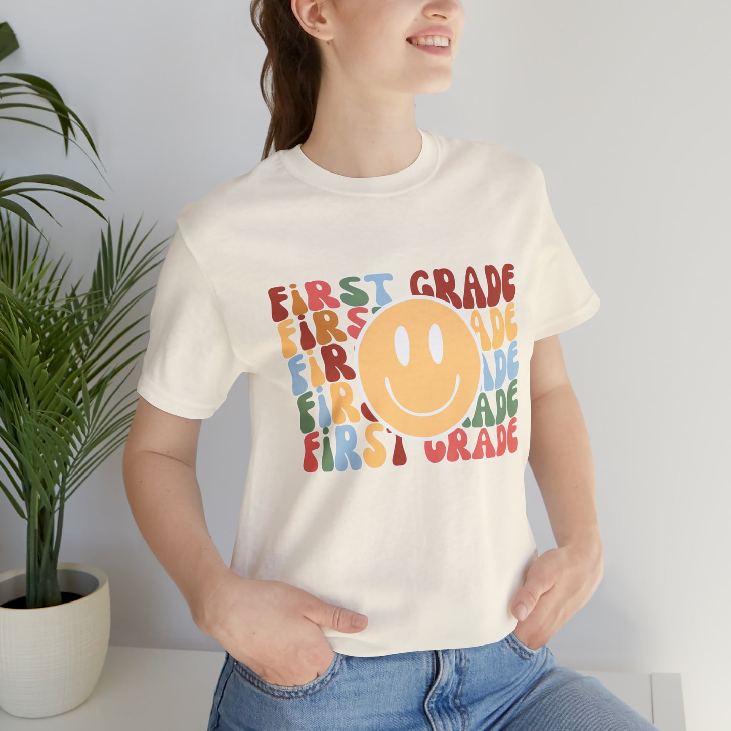 First Grade Smiley Retro Print Unisex Jersey Short Sleeve Tee