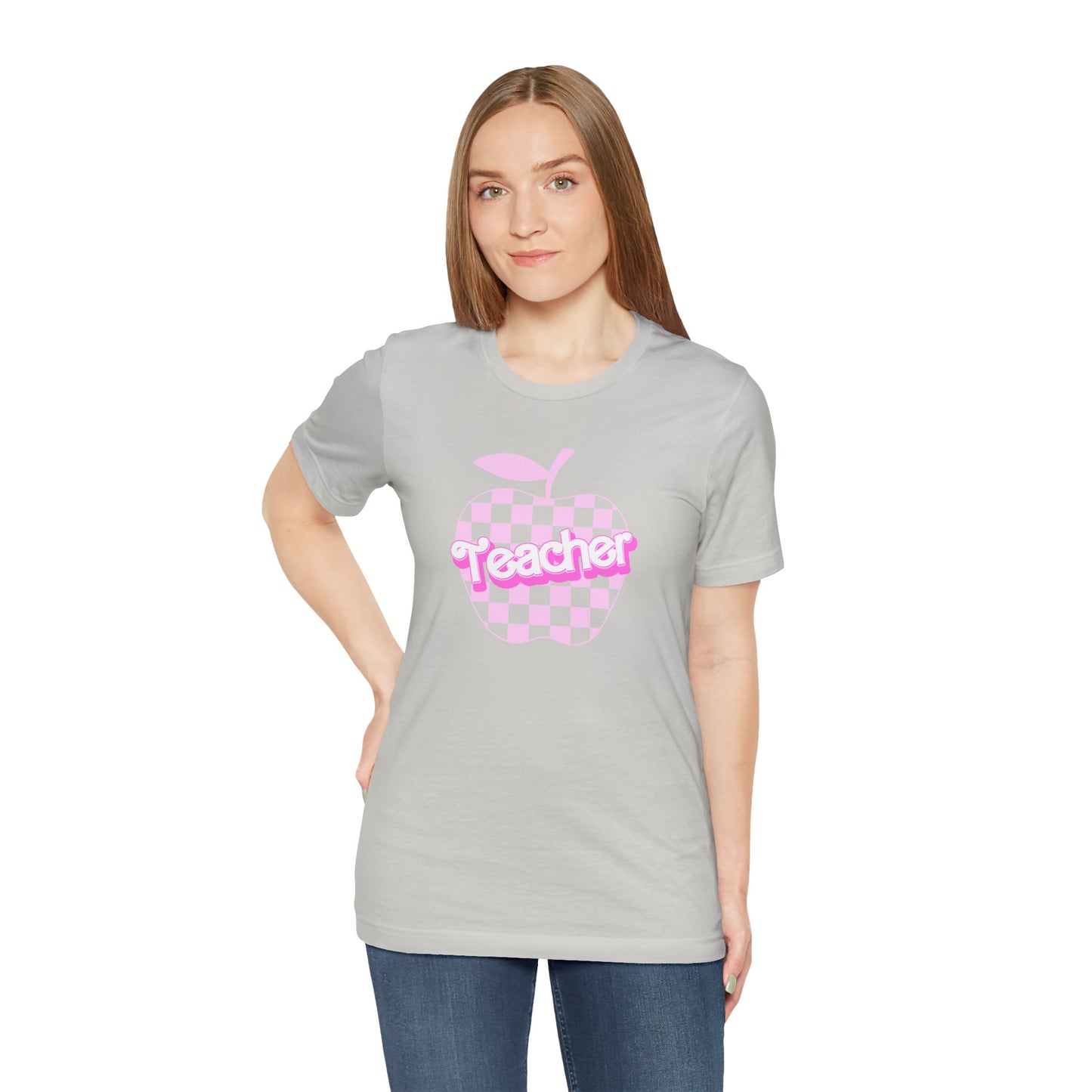 Checkered Apple Teacher Doll Font Tee