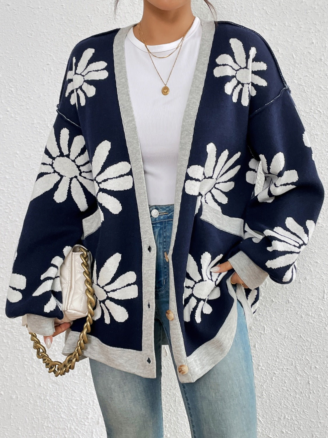 Contrast Floral Long Sleeve Cardigan