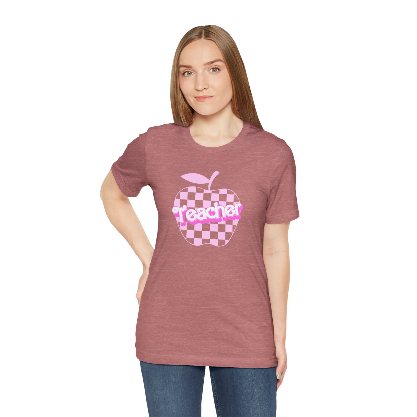 Checkered Apple Teacher Doll Font Tee