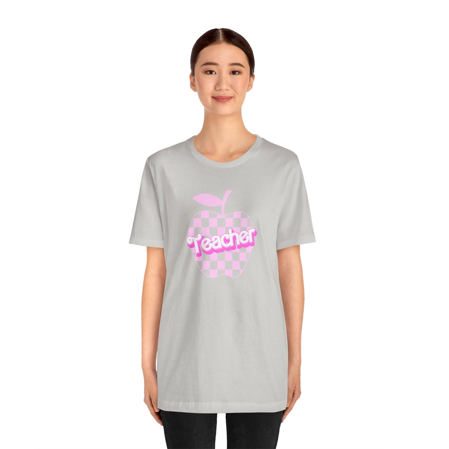 Checkered Apple Teacher Doll Font Tee