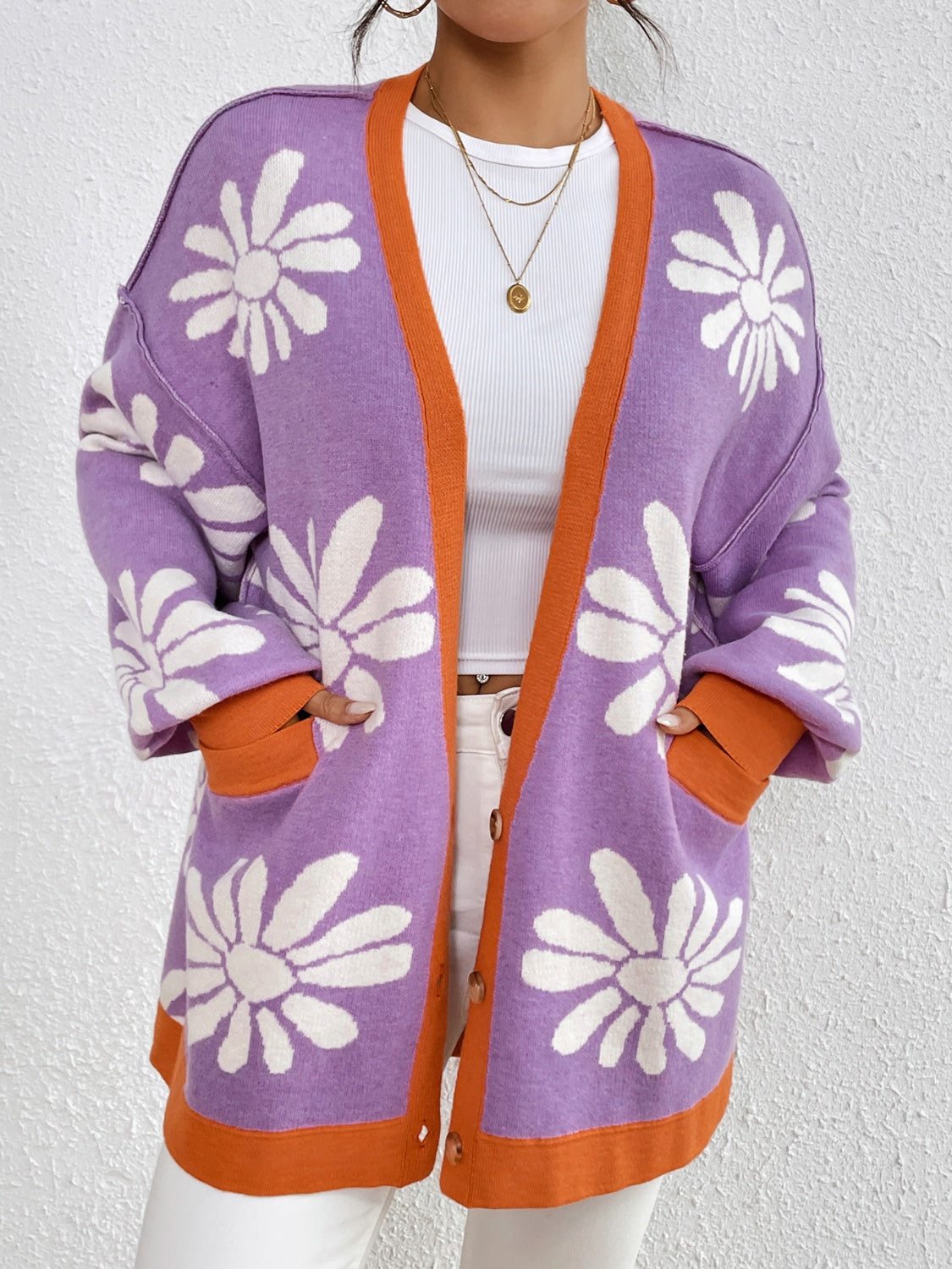 Contrast Floral Long Sleeve Cardigan