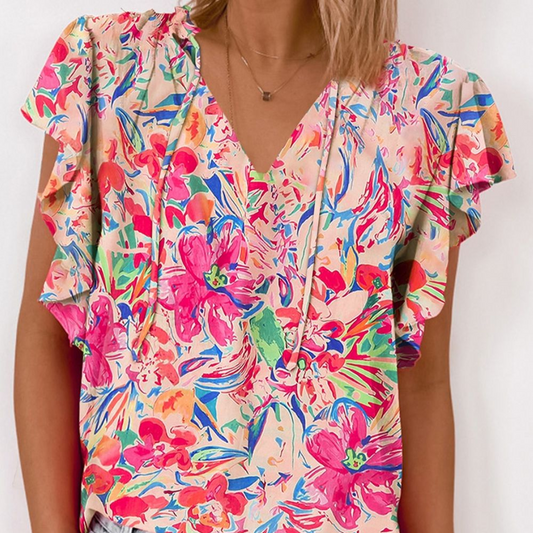 Hawaiian Blossoms Cap Sleeve Blouse