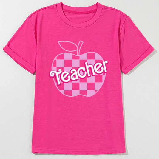 Pink Checkered Apple Teacher Graphic Tee