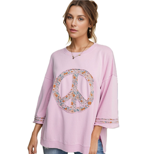 Peace Sign Applique Oversized Blouse