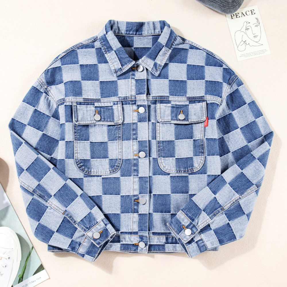 Checkered Button Up Long Sleeve Denim Jacket