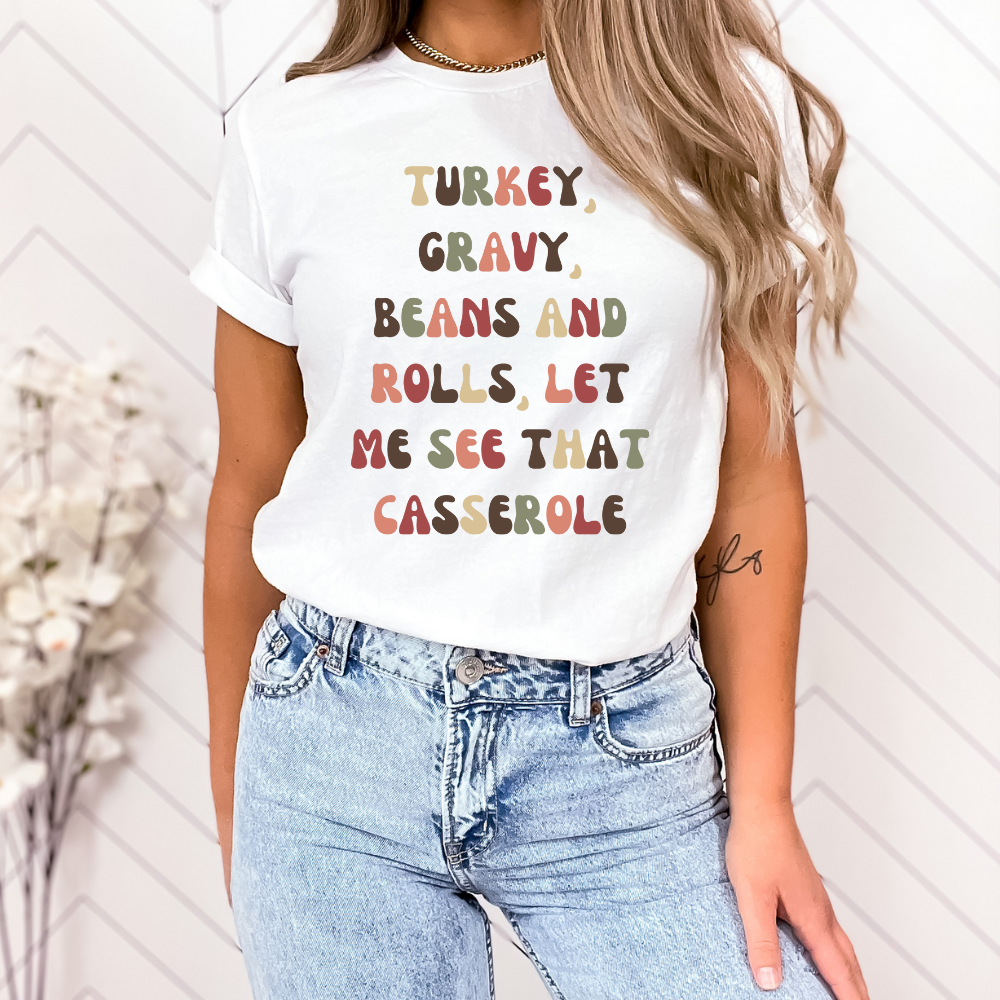 Turkey, Gravy, Beans and Rolls, Let Me See That Casserole Unisex Jersey Short Sleeve Tee