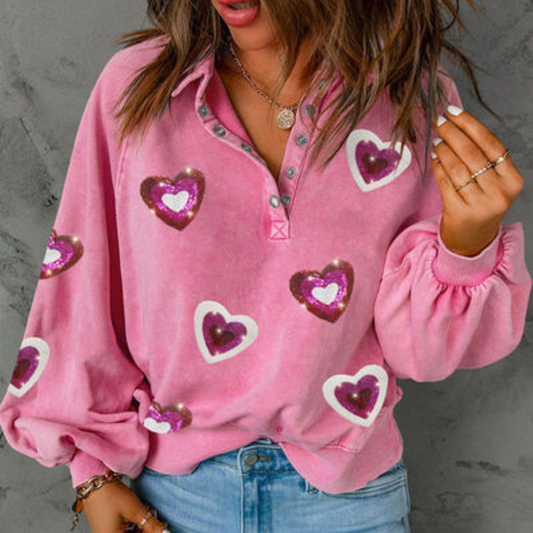 Heart Sequin Half Snap Sweatshirt