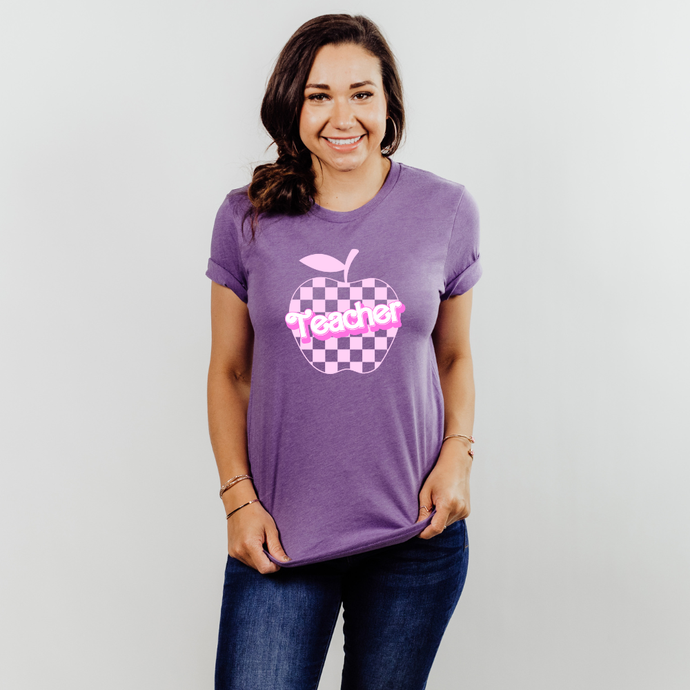 Checkered Apple Teacher Doll Font Tee