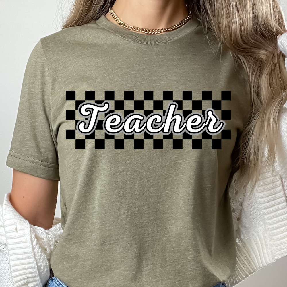 Checkered Teacher Cursive Tee