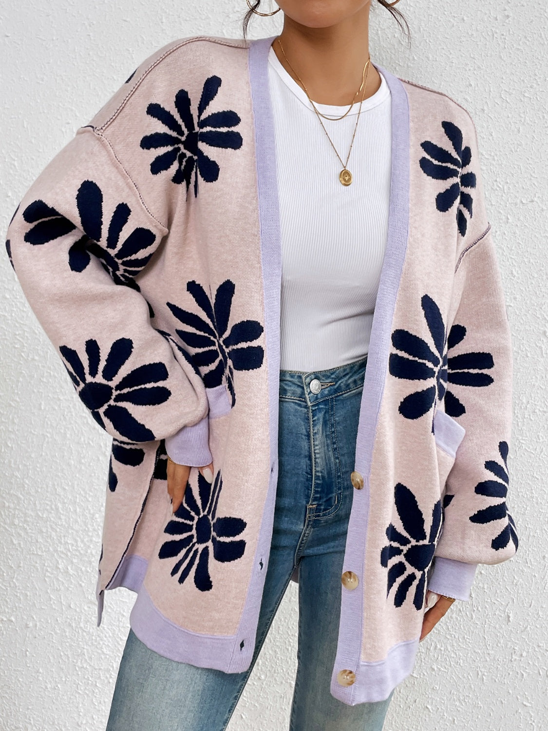 Contrast Floral Long Sleeve Cardigan