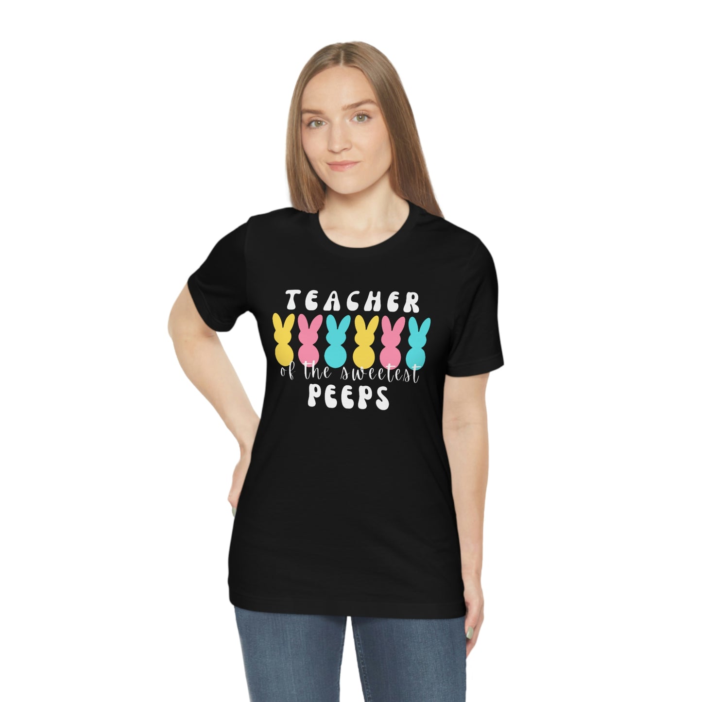 Teacher of the Sweetest Peeps White Lettering Unisex Jersey Short Sleeve Tee