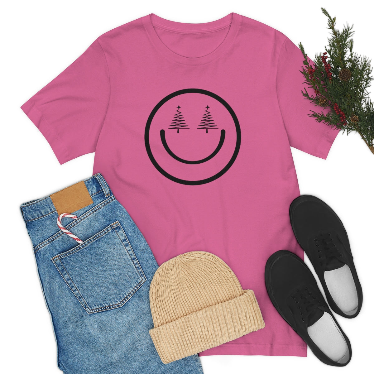 Smiley Face Holiday Trees Unisex Jersey Short Sleeve Tee