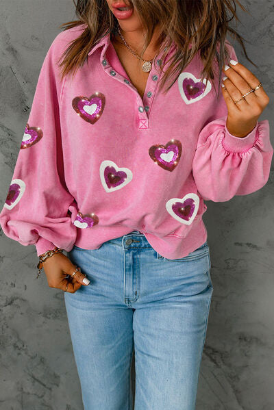 Heart Sequin Half Snap Sweatshirt