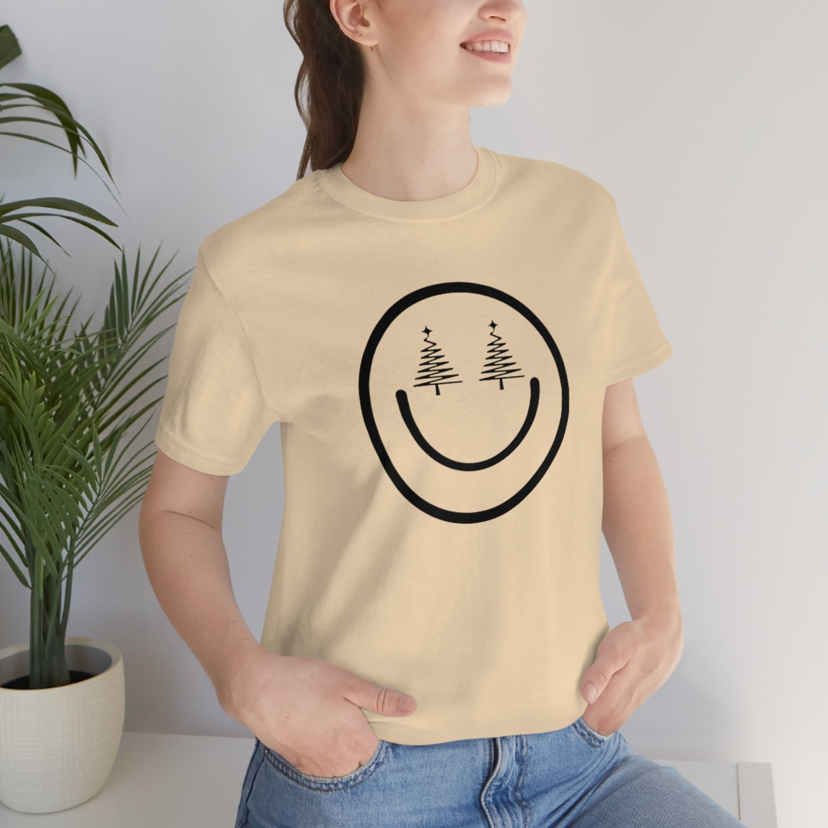 Smiley Face Holiday Trees Unisex Jersey Short Sleeve Tee