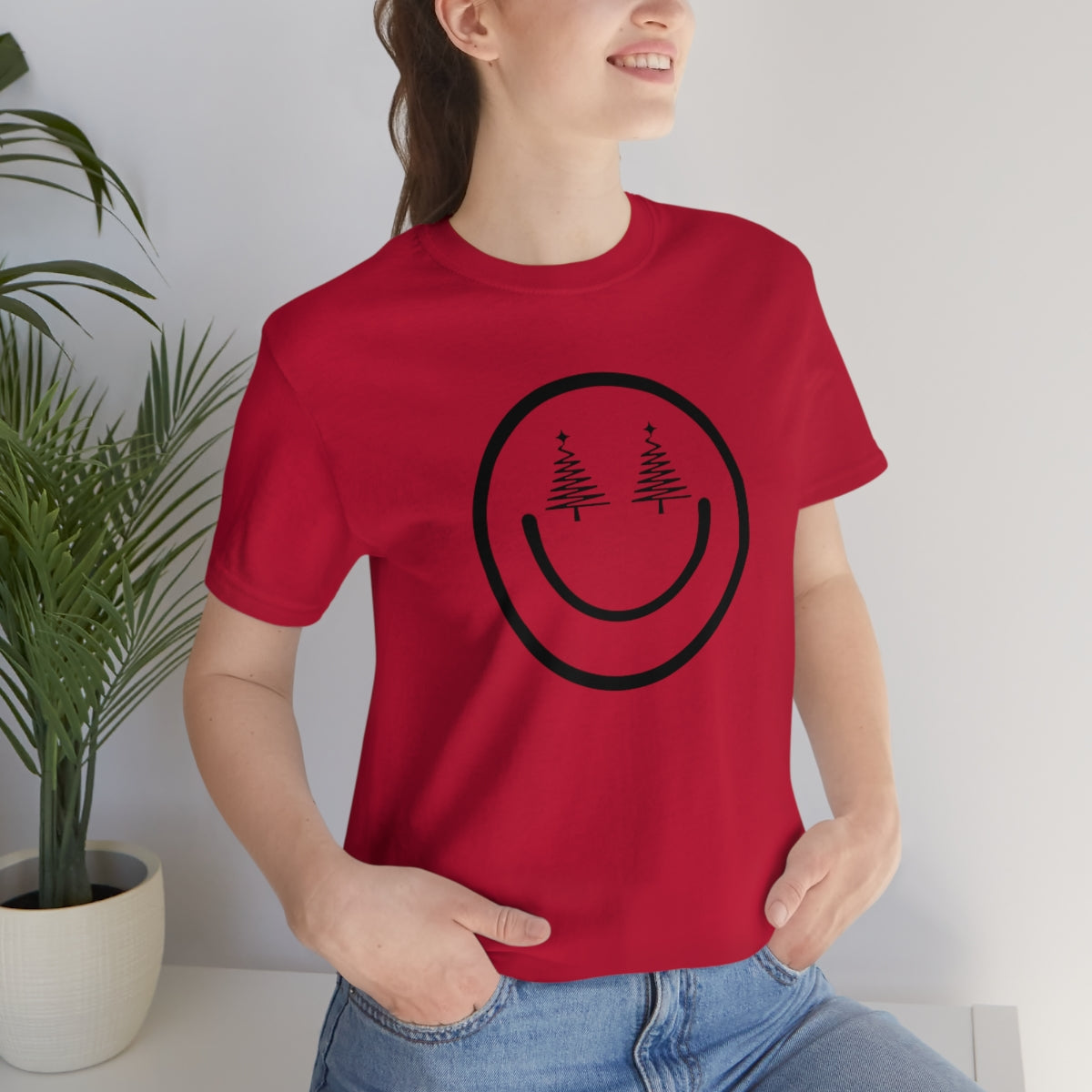 Smiley Face Holiday Trees Unisex Jersey Short Sleeve Tee