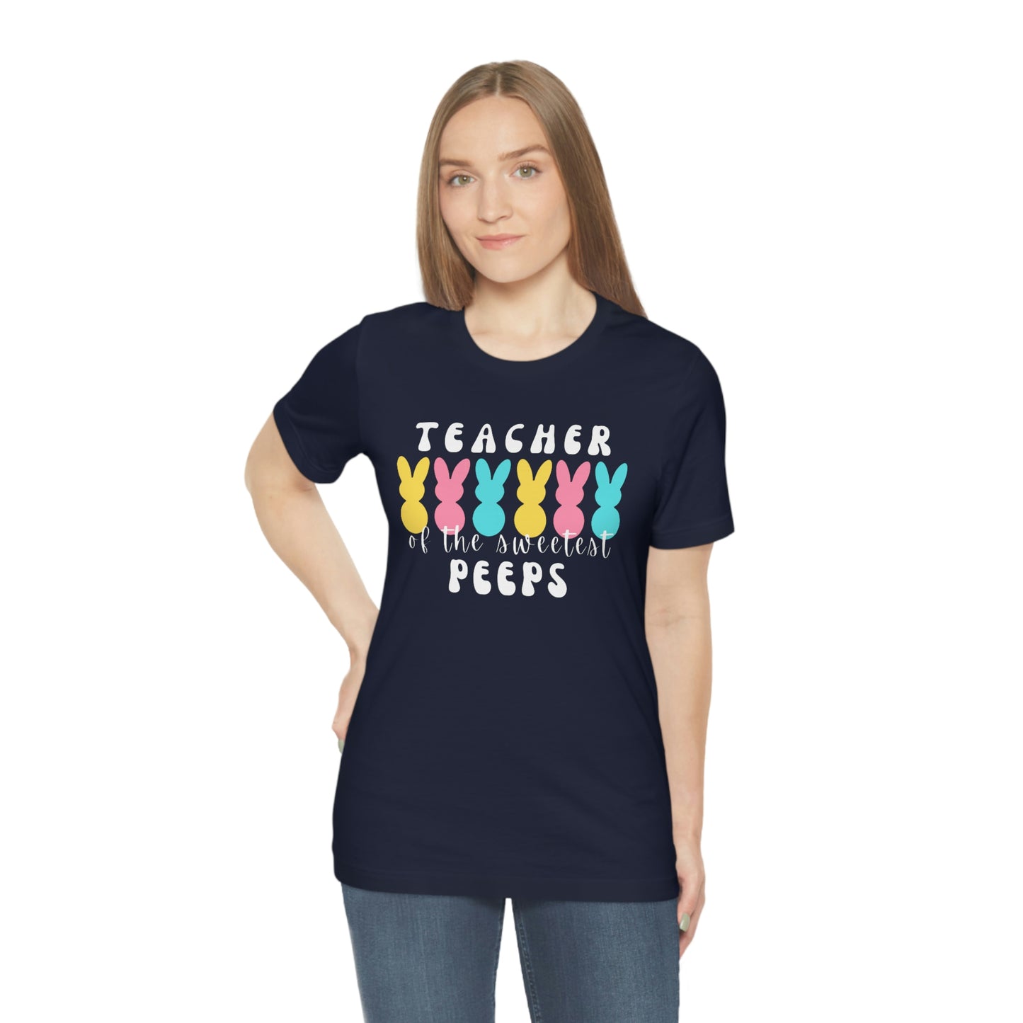 Teacher of the Sweetest Peeps White Lettering Unisex Jersey Short Sleeve Tee