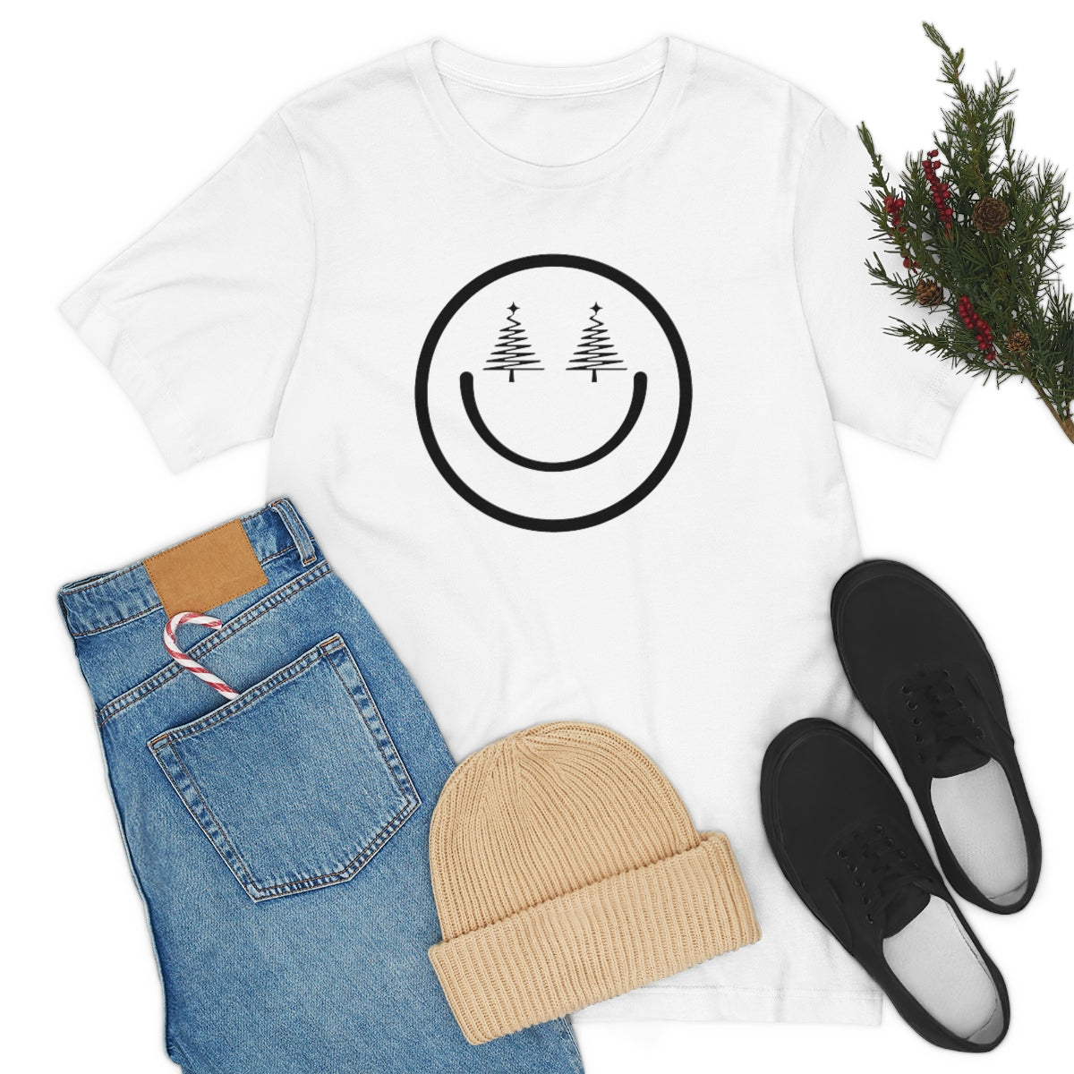 Smiley Face Holiday Trees Unisex Jersey Short Sleeve Tee