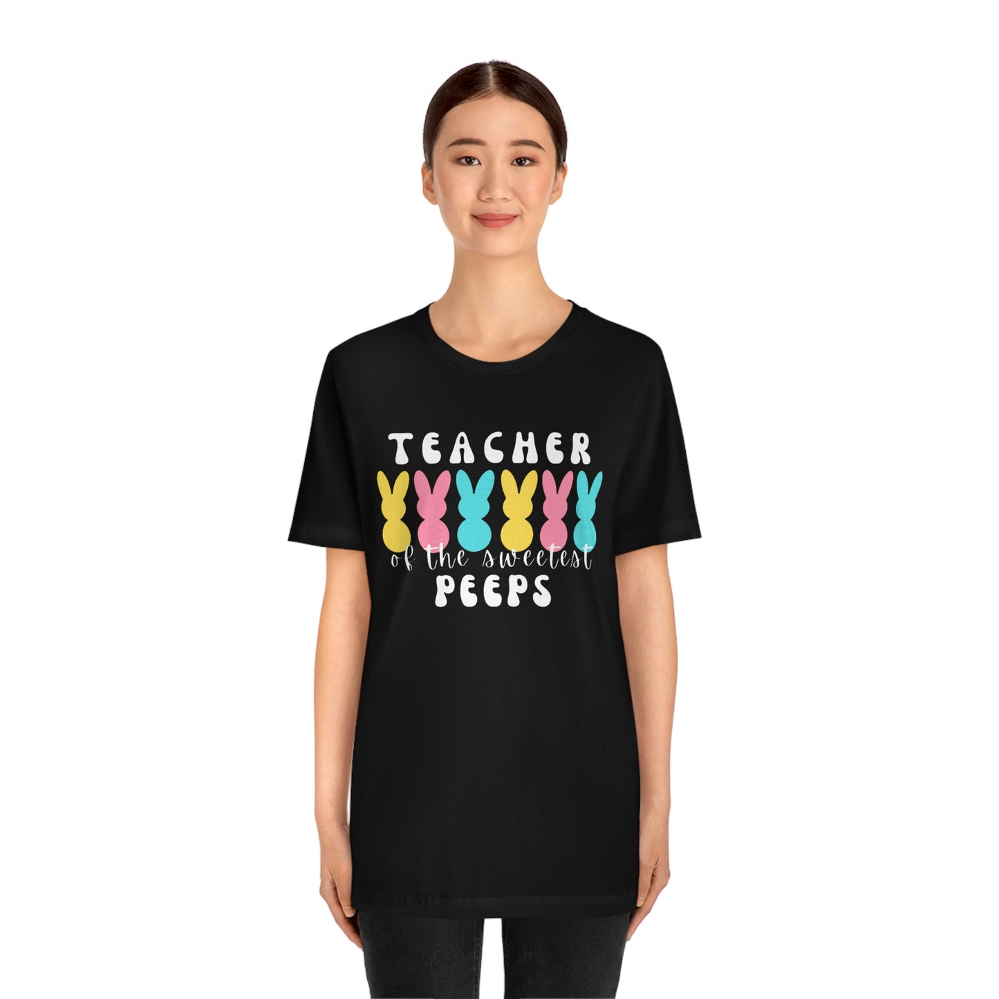 Teacher of the Sweetest Peeps White Lettering Unisex Jersey Short Sleeve Tee