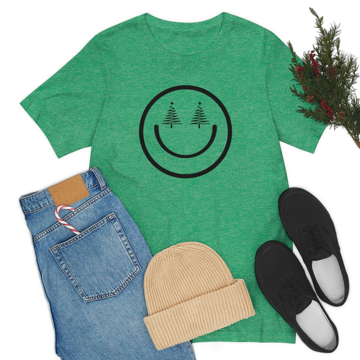 Smiley Face Holiday Trees Unisex Jersey Short Sleeve Tee