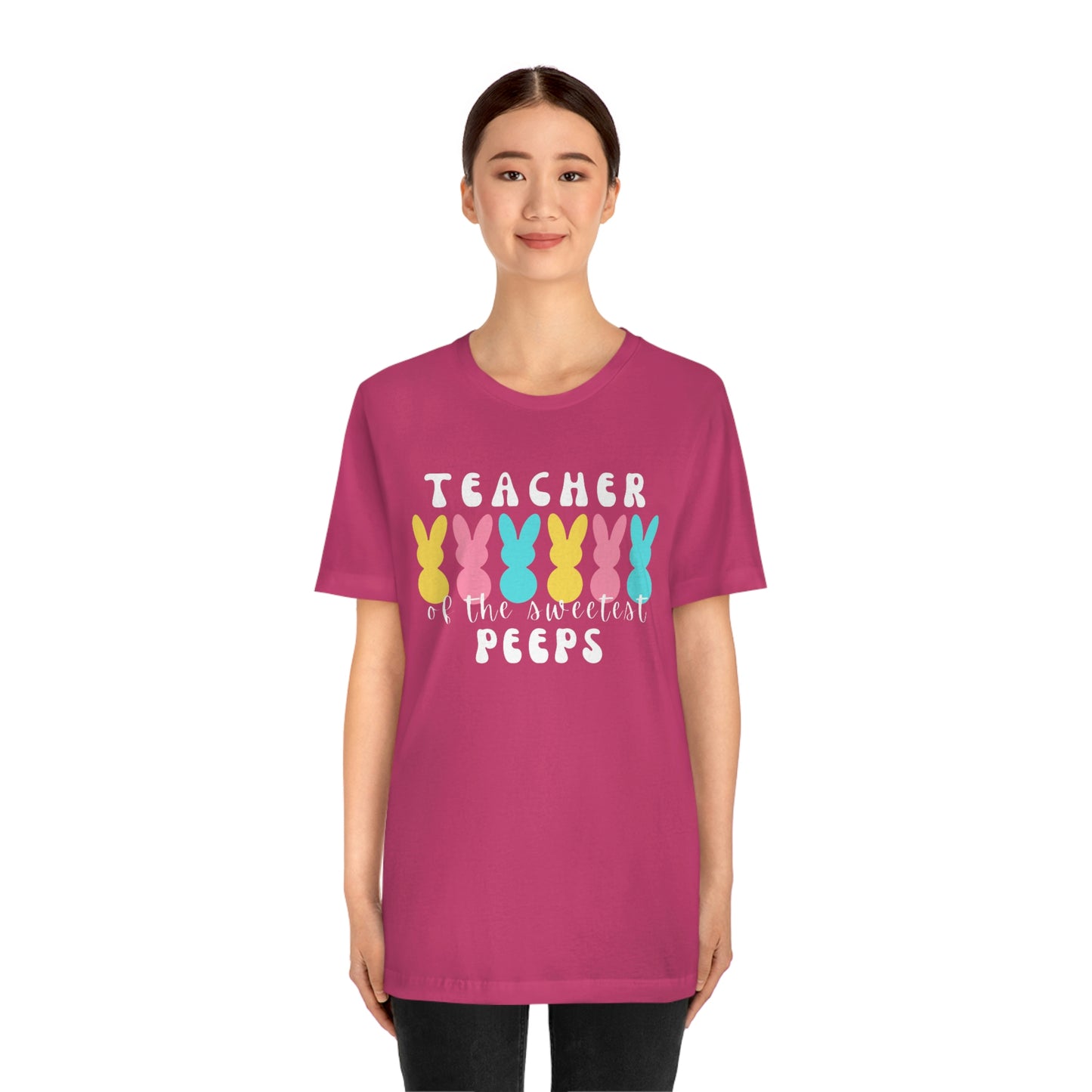 Teacher of the Sweetest Peeps White Lettering Unisex Jersey Short Sleeve Tee