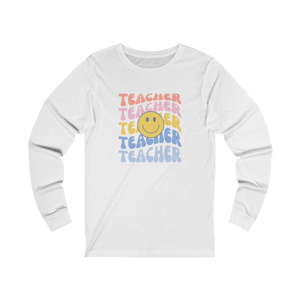 Happy Teacher Pastel Retro Print Unisex Jersey Long Sleeve Tee
