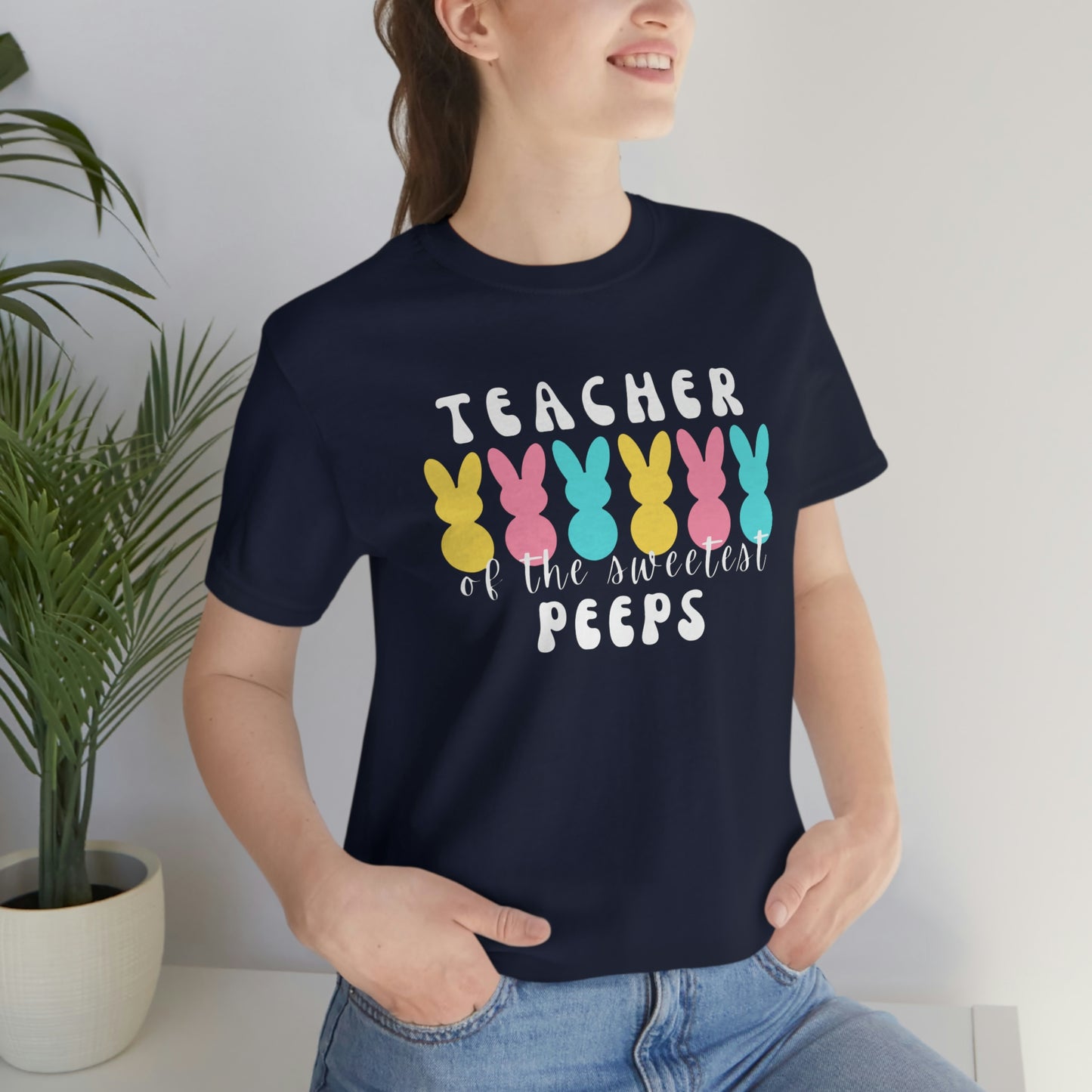 Teacher of the Sweetest Peeps White Lettering Unisex Jersey Short Sleeve Tee