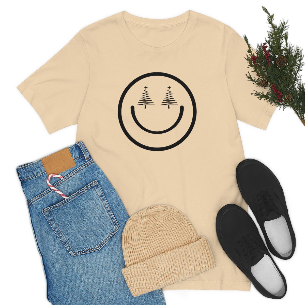 Smiley Face Holiday Trees Unisex Jersey Short Sleeve Tee