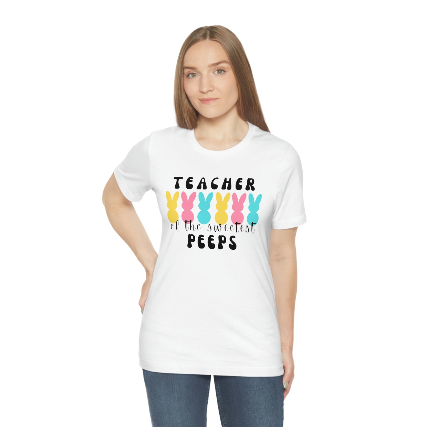 Teacher of the Sweetest Peeps Black Lettering Unisex Jersey Short Sleeve Tee