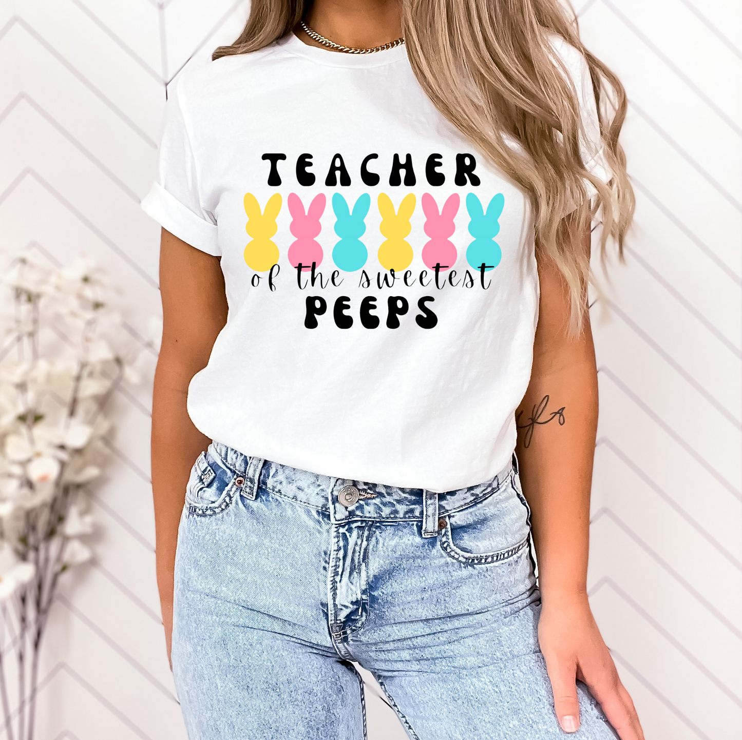 Teacher of the Sweetest Peeps Black Lettering Unisex Jersey Short Sleeve Tee