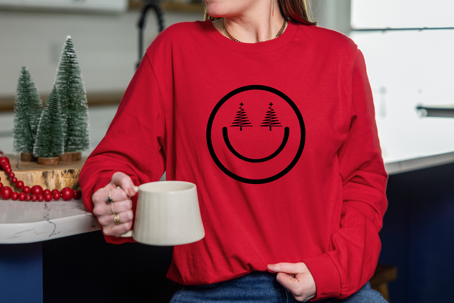 Smiley Face Holiday Trees Unisex Jersey Long Sleeve Tee